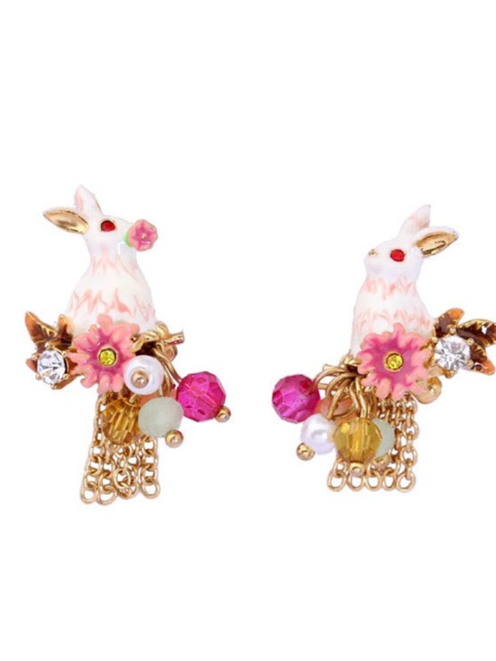 Les Nereides Fantasy Garden Rabbit and Chain Asymmetrical Stud Earrings